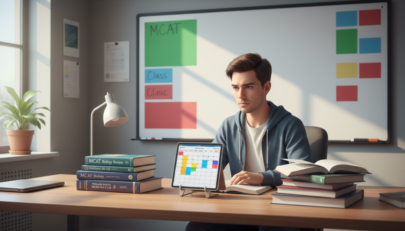 Premed student balancing MCAT prep with post-bacc classes -  for How to Use Your Post-Bacc Year to Build a Stronger Med Schoo