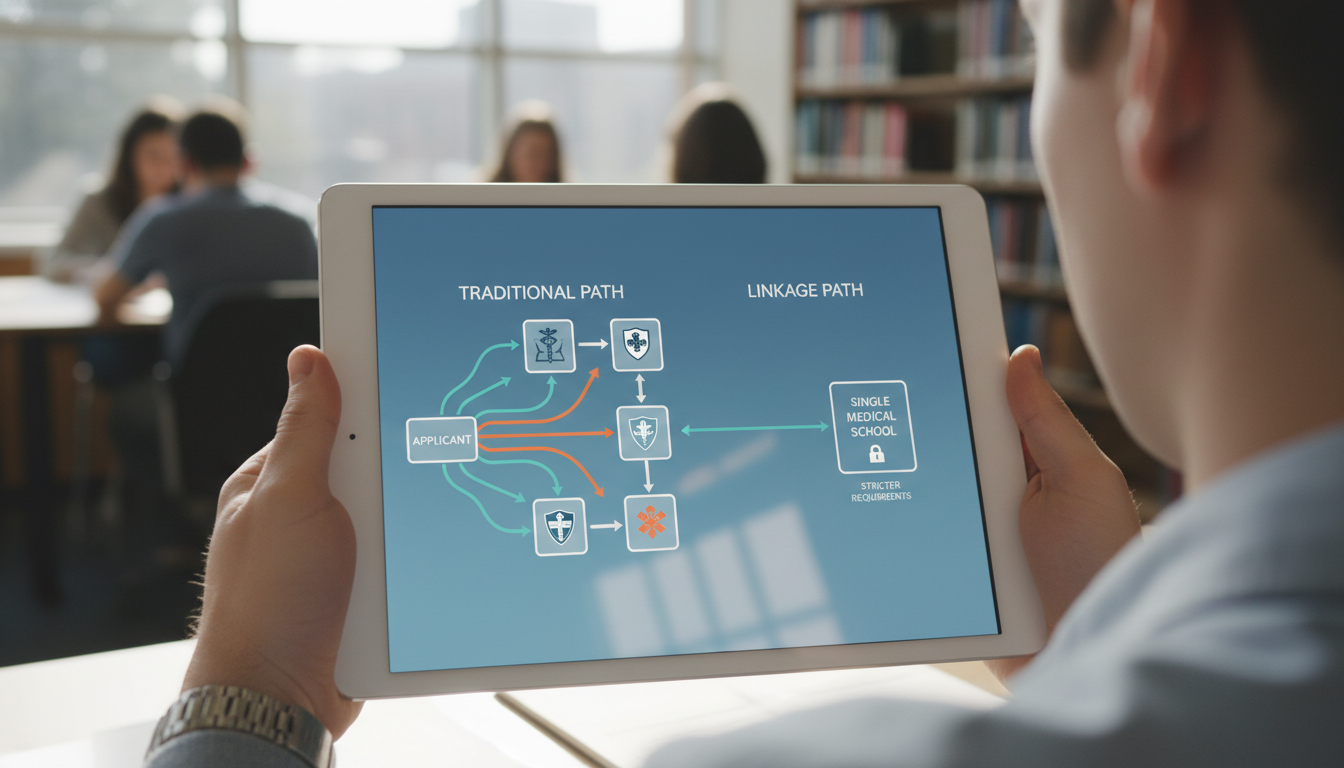 Diagram contrasting traditional medical school path vs linkage program path Diagram contrasting traditional medical school path vs linkage program path - for Linkage Programs: Busting the ‘Fast Track’