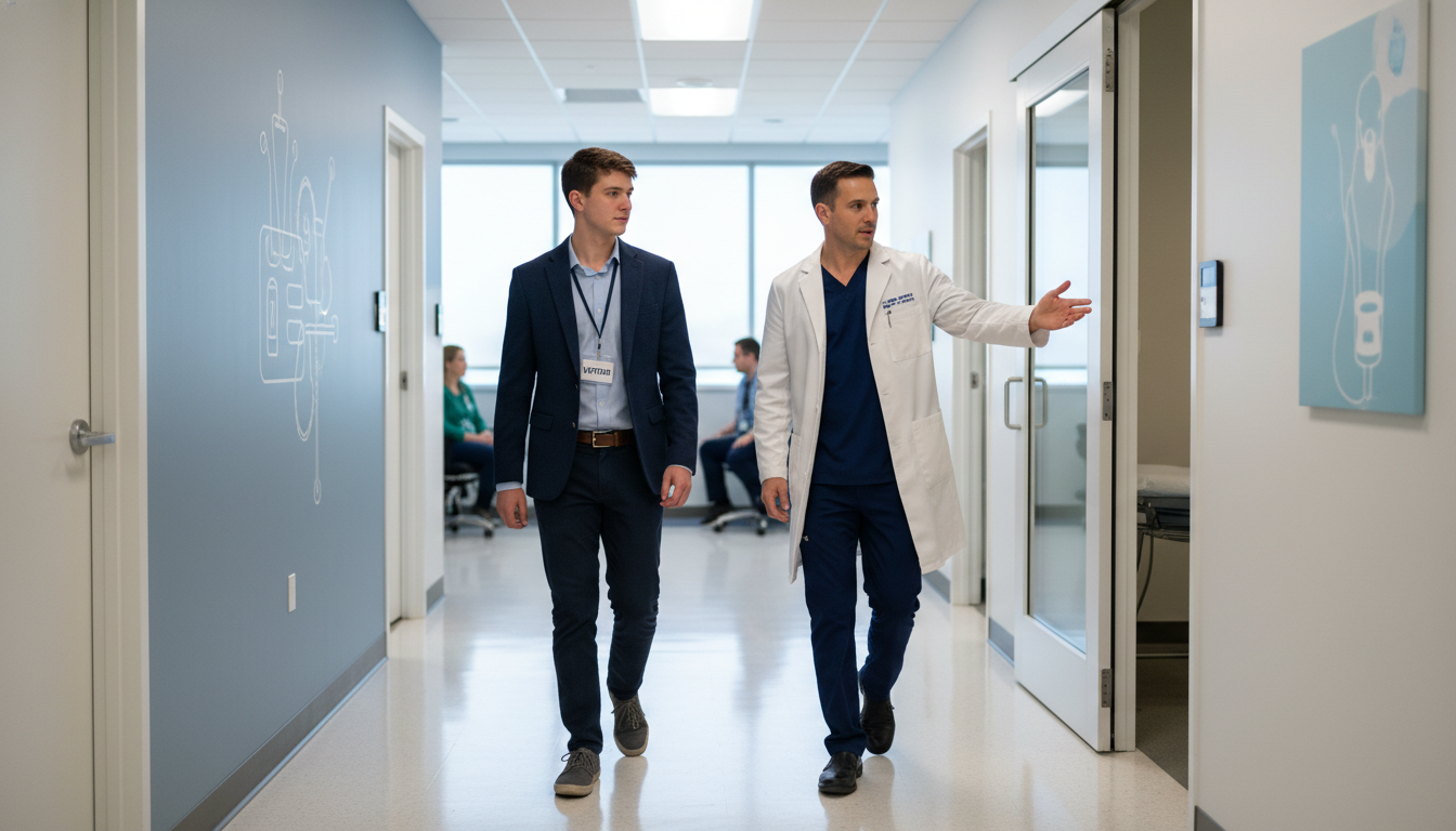 Premed student shadowing a physician in clinic -  for Maximizing Clinical Exposure During Post-Bacc Without Burning Out