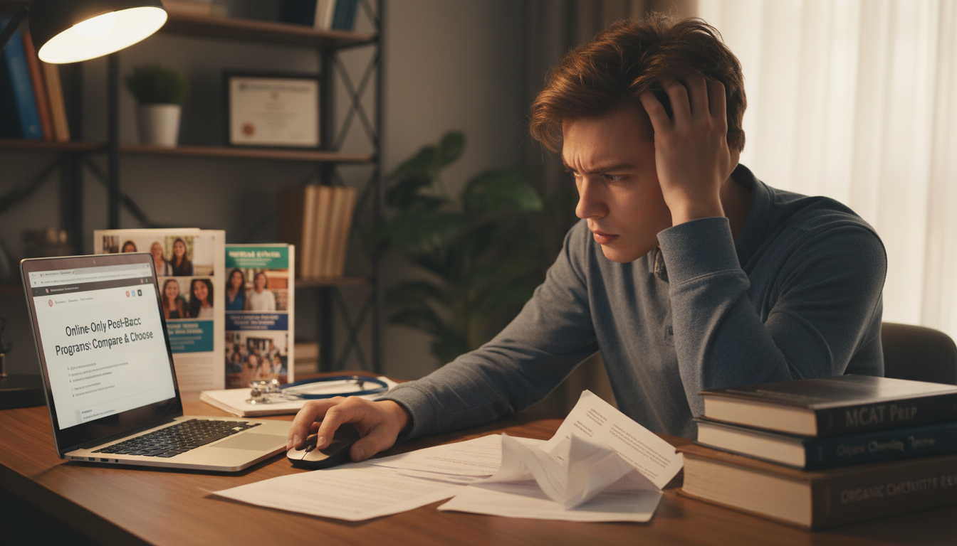 Student researching online-only post-bacc programs on a laptop, looking uncertain -  for Online-Only Post-Baccs: When They Ba