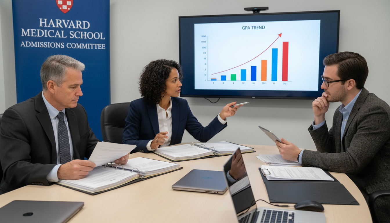 Medical school admissions committee reviewing academic records -  for Online-Only Post-Baccs: When They Backfire with Medical