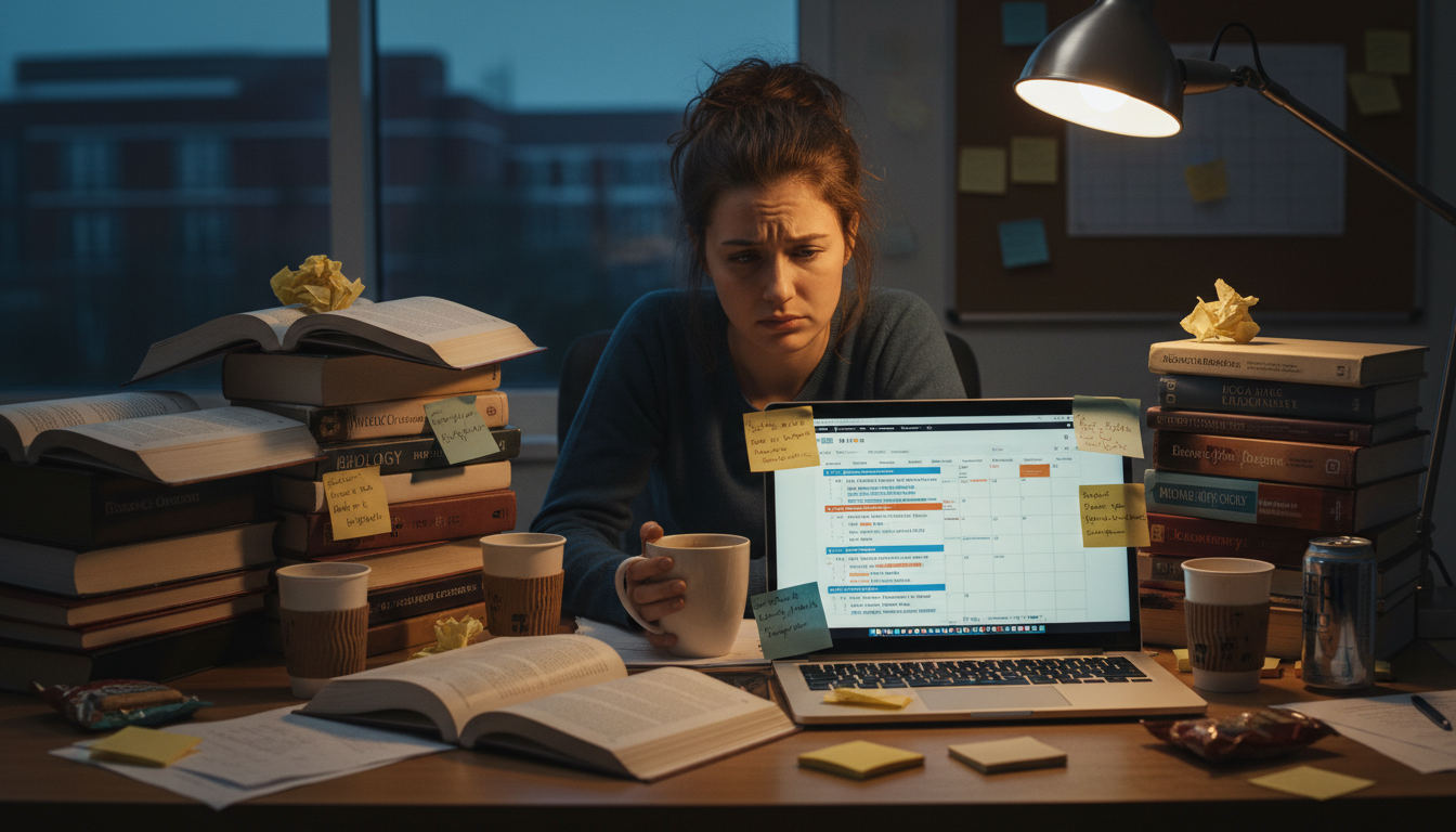 Stressed premed student overloaded with books and schedules Stressed premed student overloaded with books and schedules - for Overloading Credits: Post-Bacc Scheduling Errors That Tank