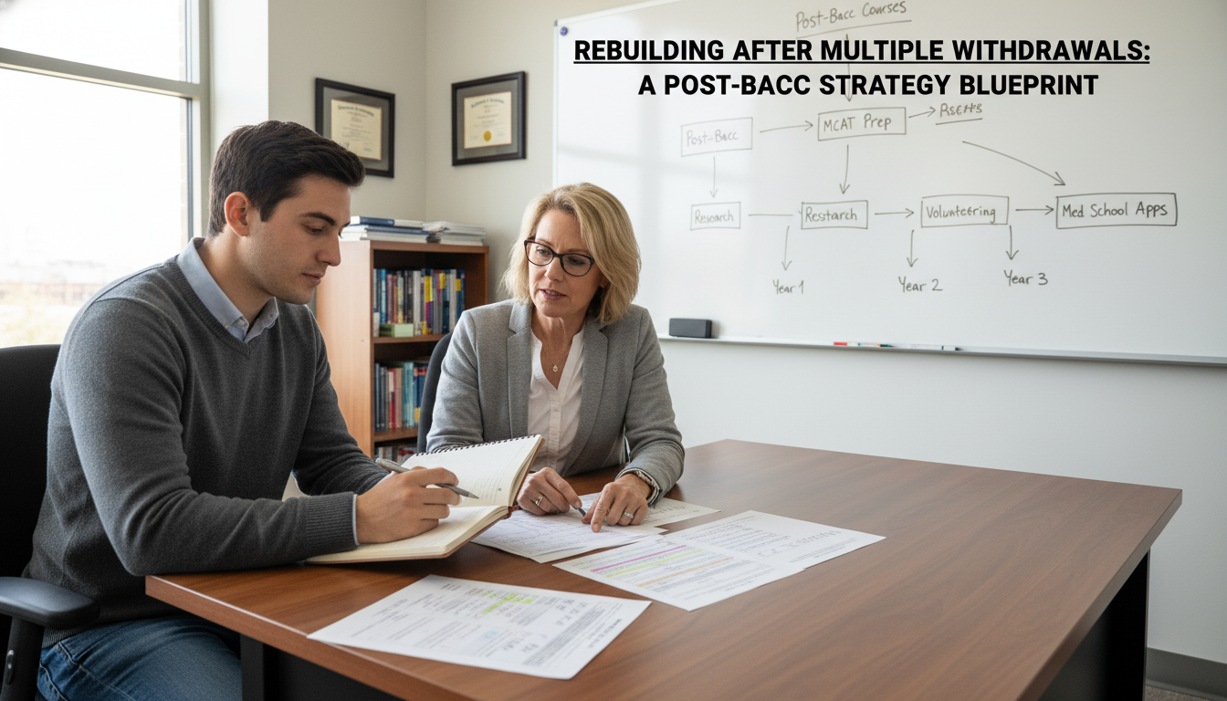 Premed student meeting with advisor to plan post-bacc pathway -  for Rebuilding After Multiple Withdrawals: A Post-Bacc Strat