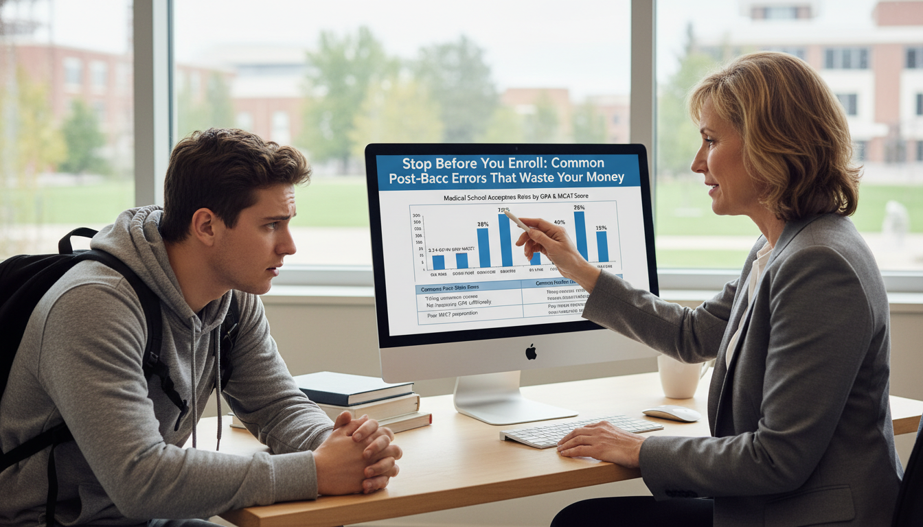 Advisor explaining post-bacc outcome statistics to a worried premed -  for Stop Before You Enroll: Common Post-Bacc Errors Th
