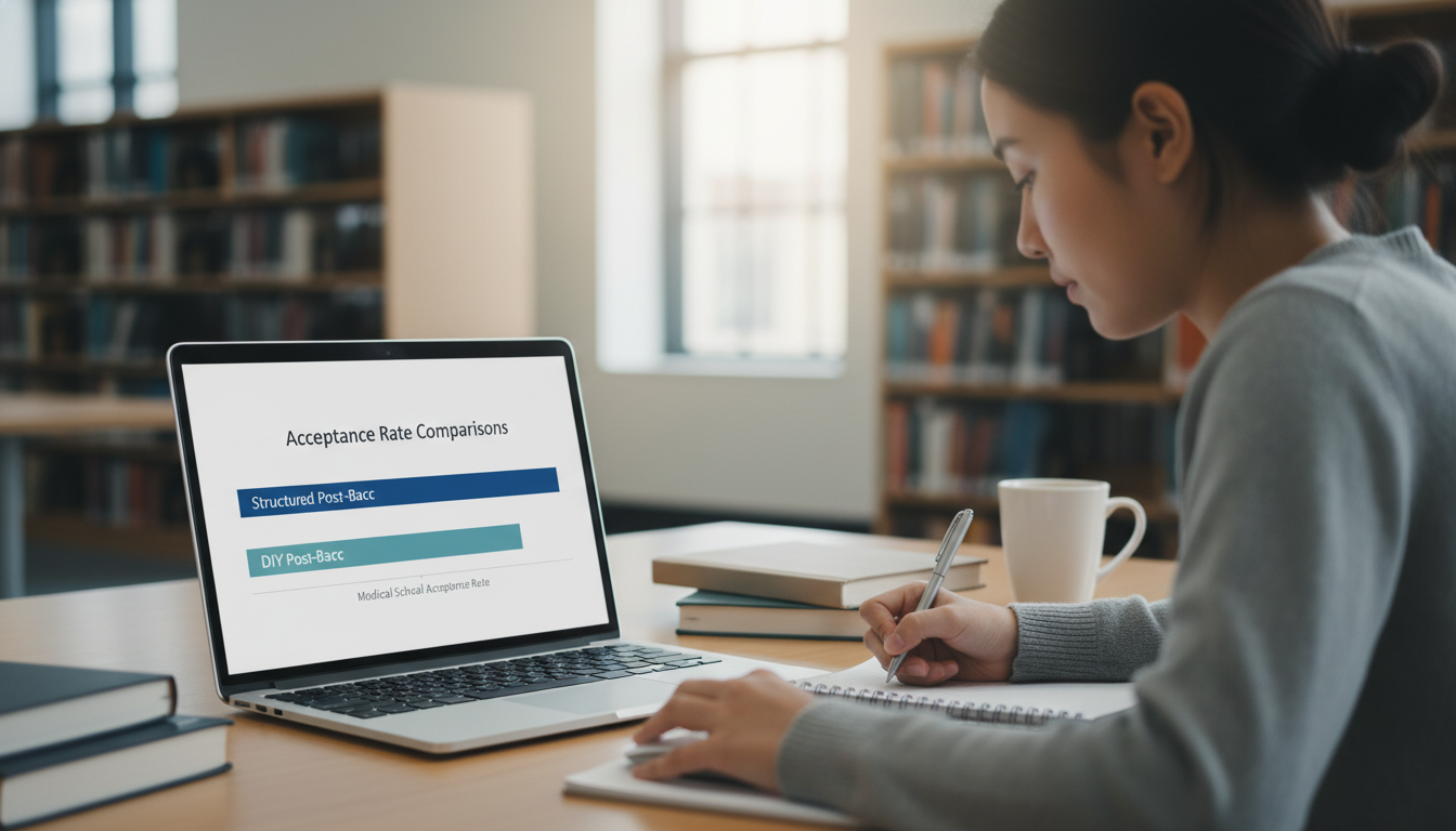 Comparative chart of structured vs DIY post-bacc medical school acceptance rates -  for Structured vs DIY Post-Bacc Outcomes: