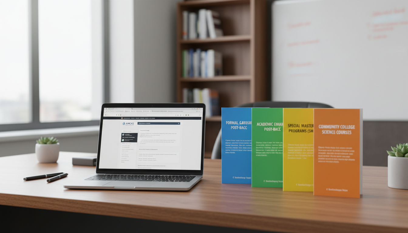 Different types of post-bacc programs on a counselor's desk -  for The Hidden Signals Your Post-Bacc Sends to Medical School