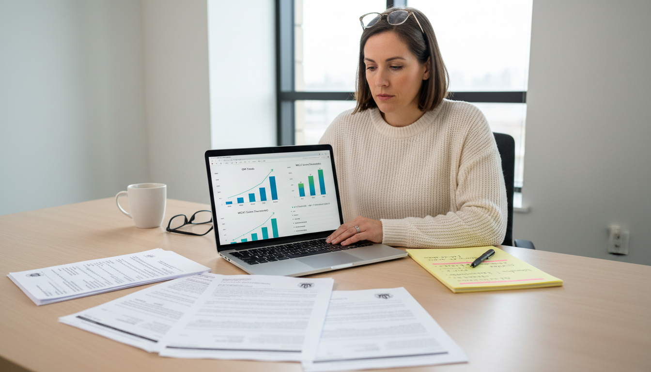 Medical school screener analyzing academic trends on a laptop -  for The Hidden Signals Your Post-Bacc Sends to Medical Schoo