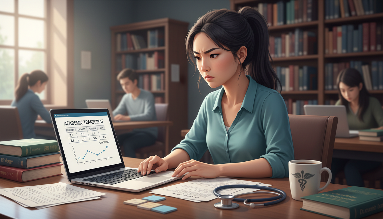 Premed student reviewing transcript and GPA trends on a laptop -  for The ‘One Bad Semester’ Myth: When You Actually Need a P