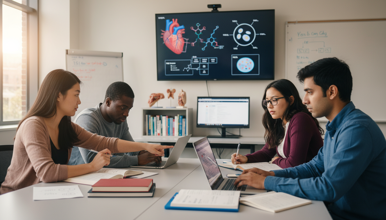 Post-bacc students studying together in a medical school classroom -  for The Real Reason Some Post-Baccs Feed More Students