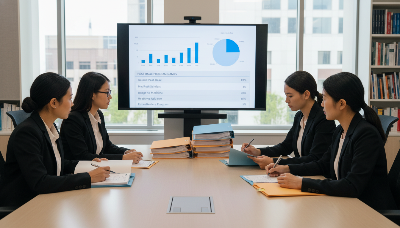 Medical school admissions committee reviewing files with post-bacc program names -  for The Real Reason Some Post-Baccs Feed