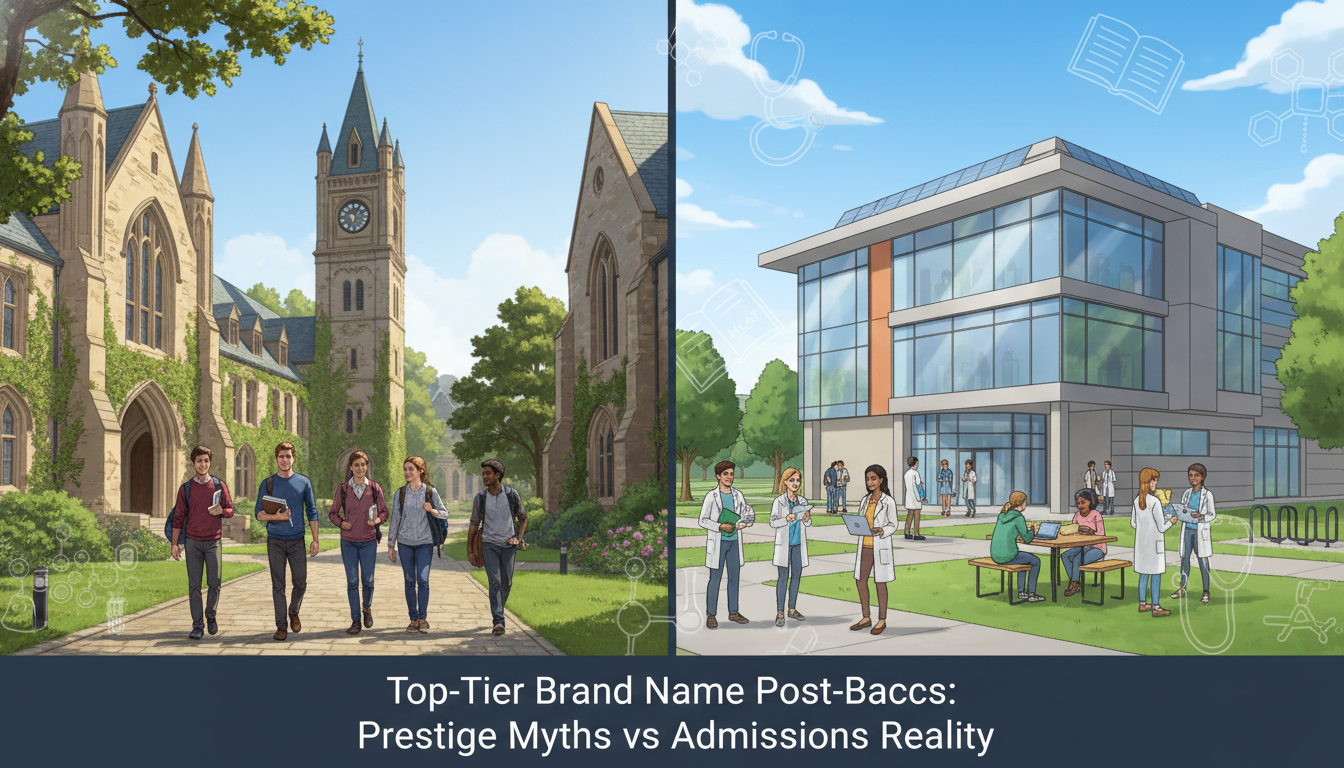 Prestigious university campus contrasted with smaller college, symbolizing post-bacc program choices -  for Top-Tier Brand Na