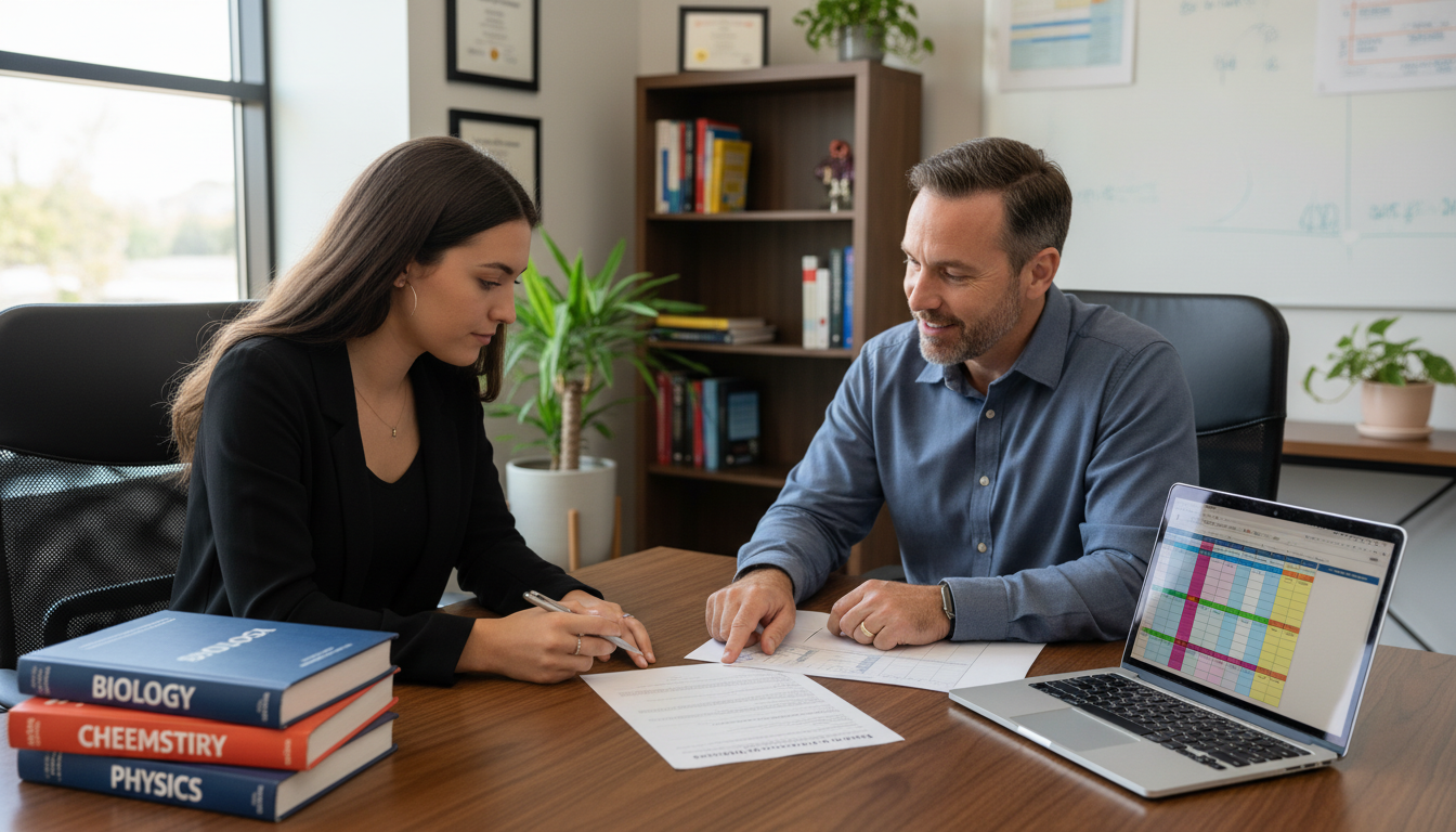 Premed student planning post-bacc coursework with advisor -  for Using Post-Bacc Semesters to Fix Gaps in Your Prerequisites