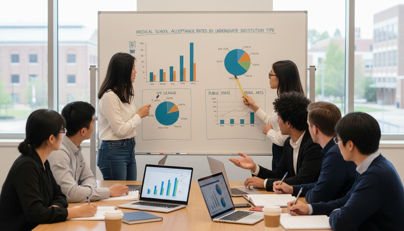 Premed students analyzing medical school acceptance statistics by undergraduate institution type -  for Acceptance Rates by U