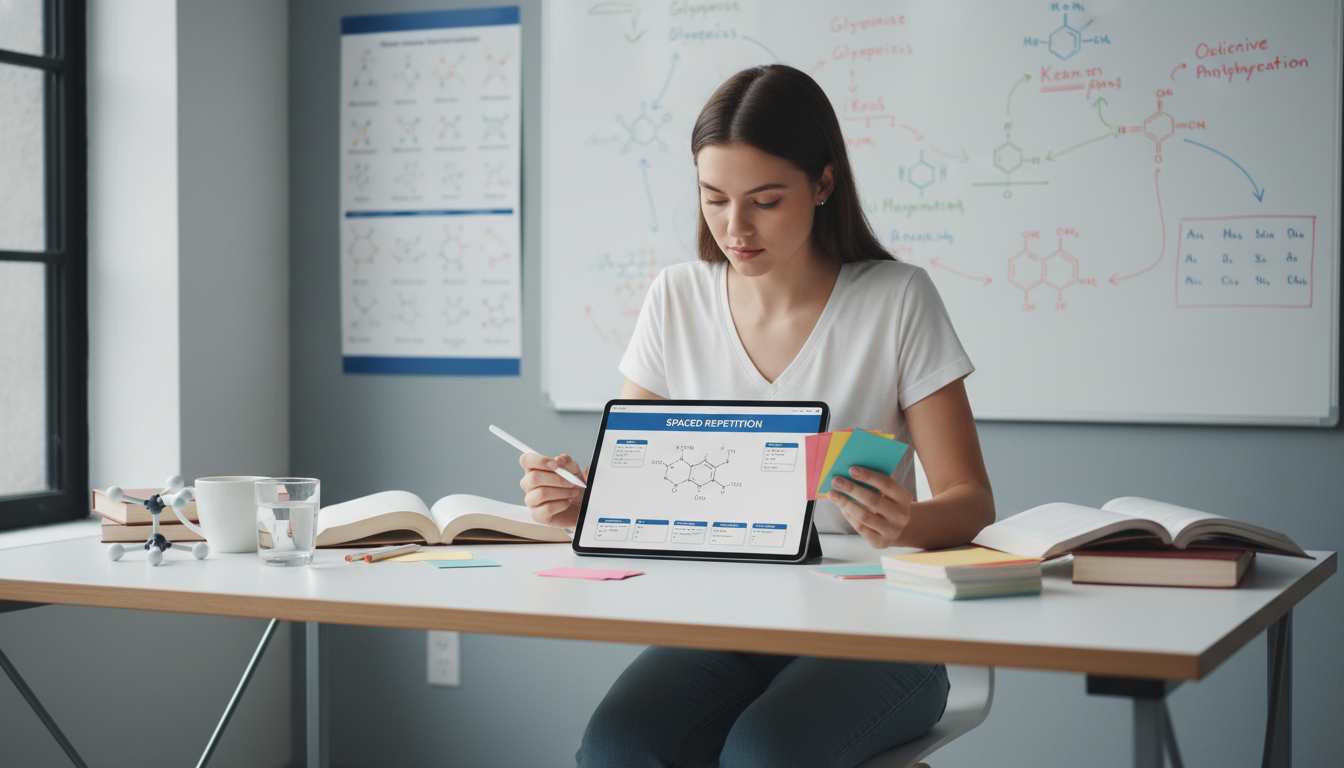 Student using spaced repetition and flashcards for biochemistry Student using spaced repetition and flashcards for biochemistry - for Advanced Study Skills for Pre‑Med Organic Chemistry an