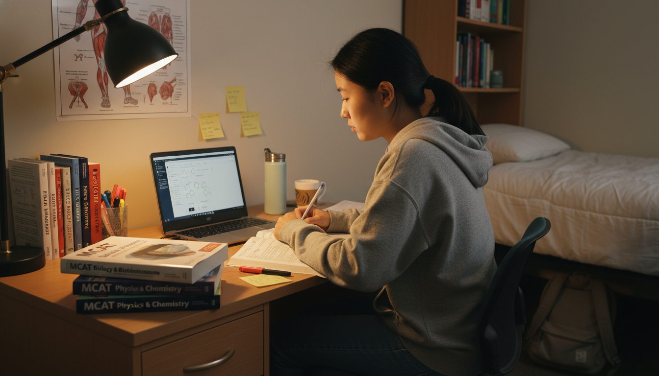 Focused pre-med student doing MCAT prep in a dorm room -  for Building a Competitive Pre‑Med Profile from a Small or Unknown