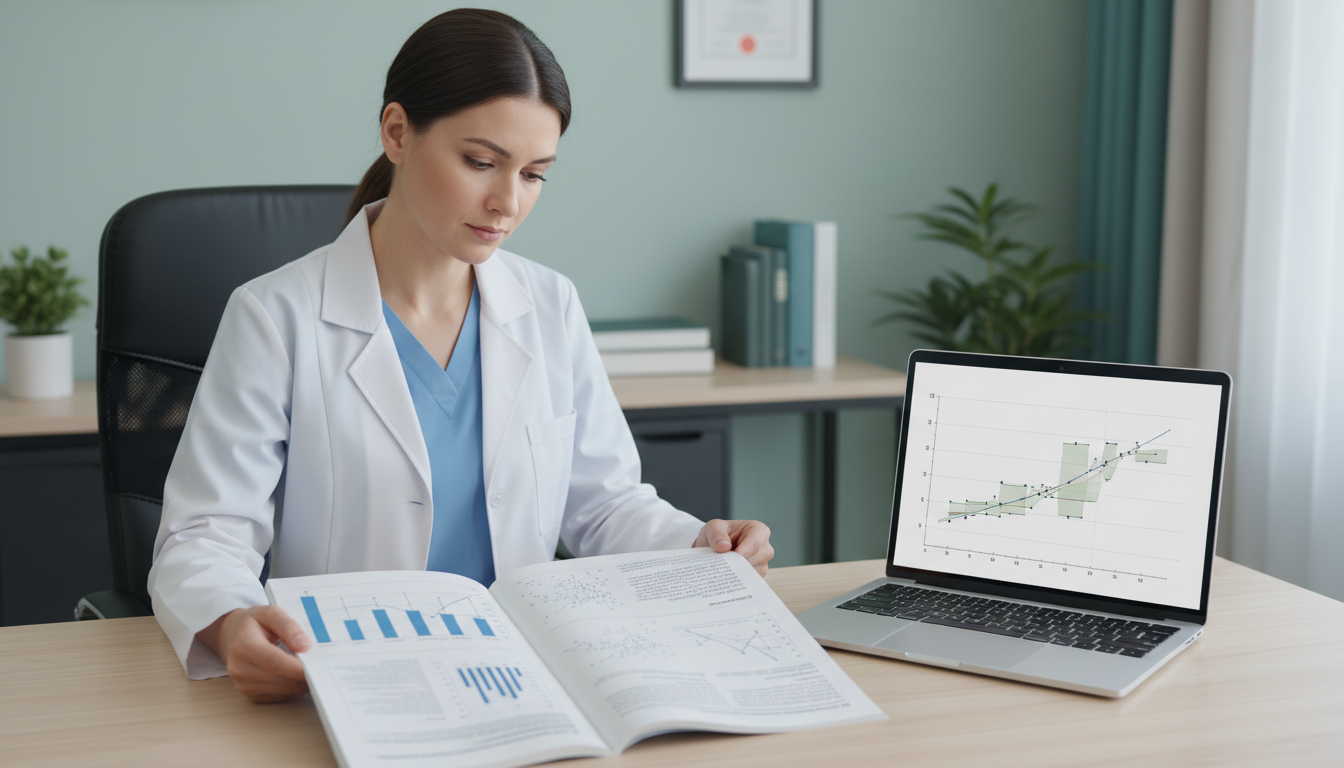 Physician interpreting a medical journal article with statistical graphs -  for Choosing Between Calculus and Statistics for