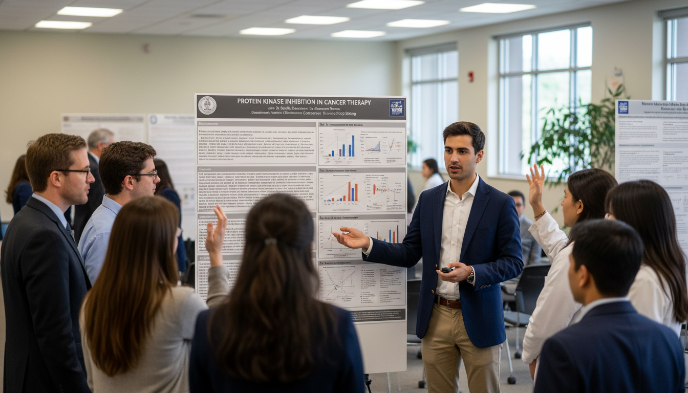Premed student presenting honors thesis poster at research day -  for Designing an Independent Study or Honors Thesis That He