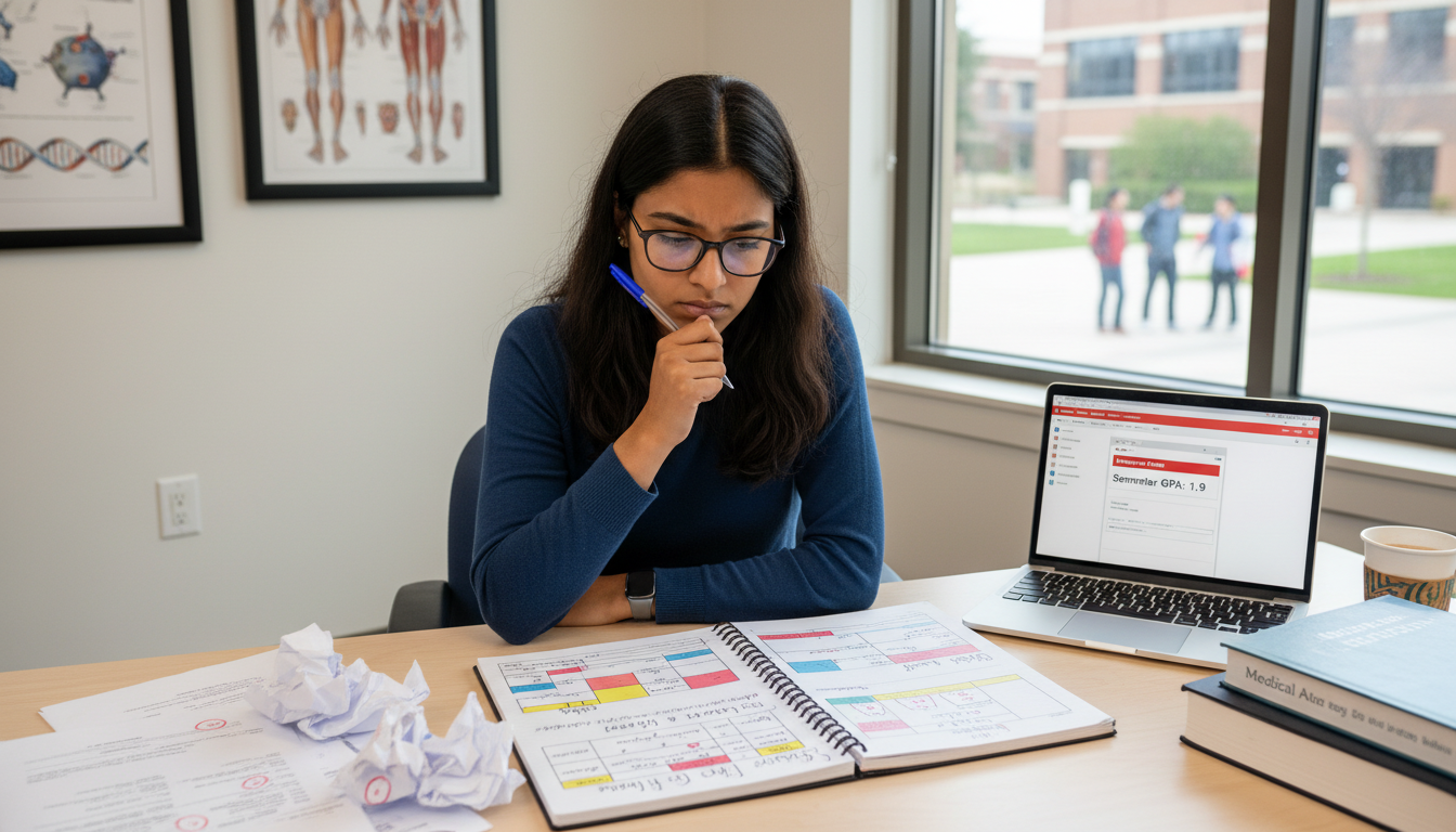 Pre-med student planning strategic course selection after a [bad semester](https://residencyadvisor.com/resources/premed-guid