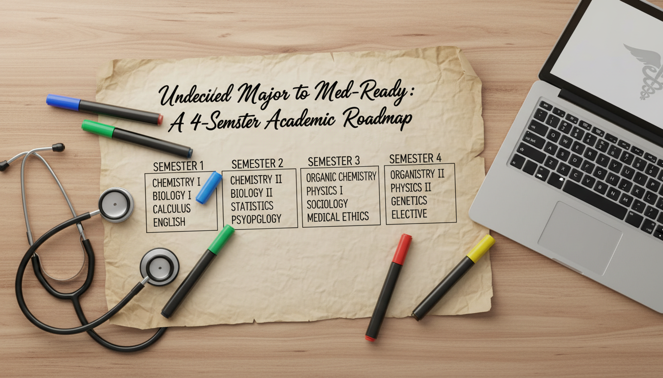 Four semester premed academic roadmap visualized -  for From Undecided Major to Med‑Ready: A 4‑Semester Academic Roadmap