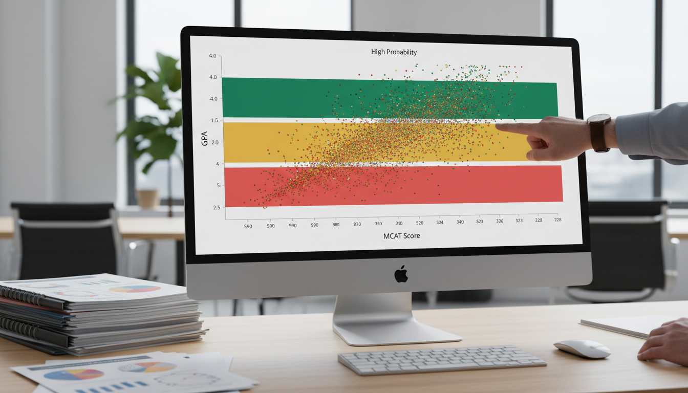 Scatterplot of GPA and MCAT with acceptance probability bands -  for GPA and MCAT Tradeoffs: Data‑Driven Thresholds for Med A