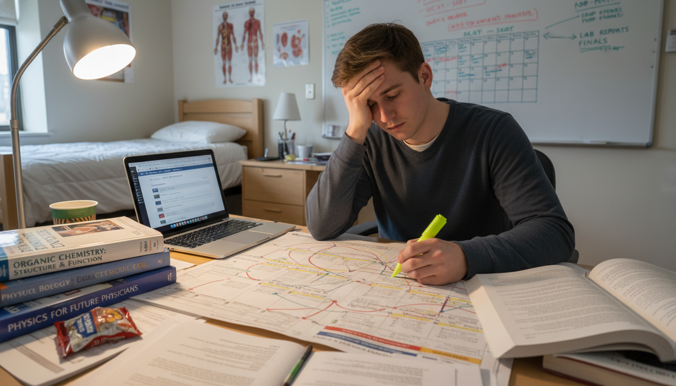 Stressed premed student staring at complex course schedule with science sequences -  for GPA Killers: Scheduling Errors Pre‑M