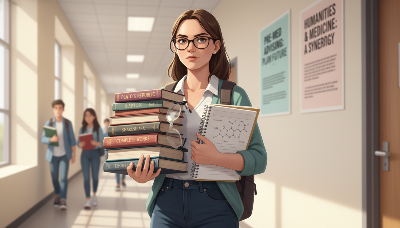 Premed humanities student balancing books and lab goggles -  for How to Build a Humanities Major That Still Covers Every Med