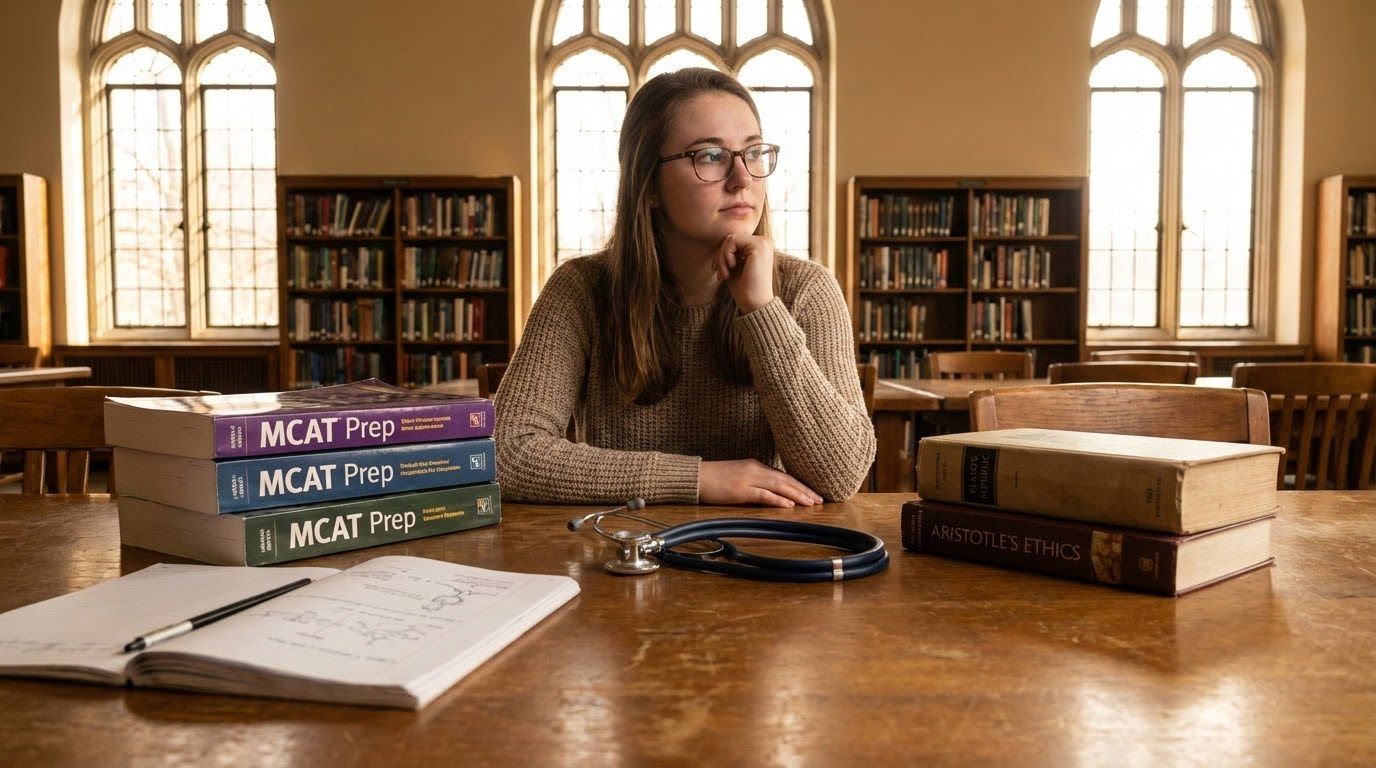 Humanities premed student studying in library with medical textbooks and classical philosophy texts -  for How to Turn a Phil