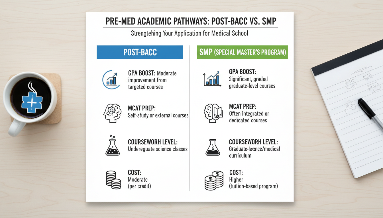 Comparison of post-bacc and SMP program paths for pre-med students -  for Is a Post‑Bacc or SMP Better for Strengthening My P
