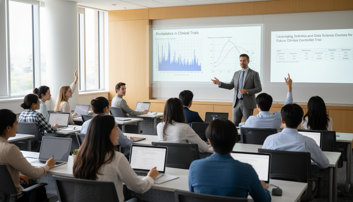 Professor teaching biostatistics with clinical examples to premed students -  for Leveraging Statistics and Data Science Cour