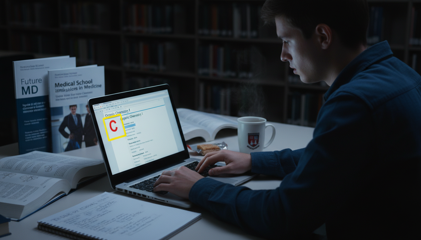 Anxious premed student staring at an organic chemistry grade report -  for One C in Organic Chemistry: Can My Application Rec