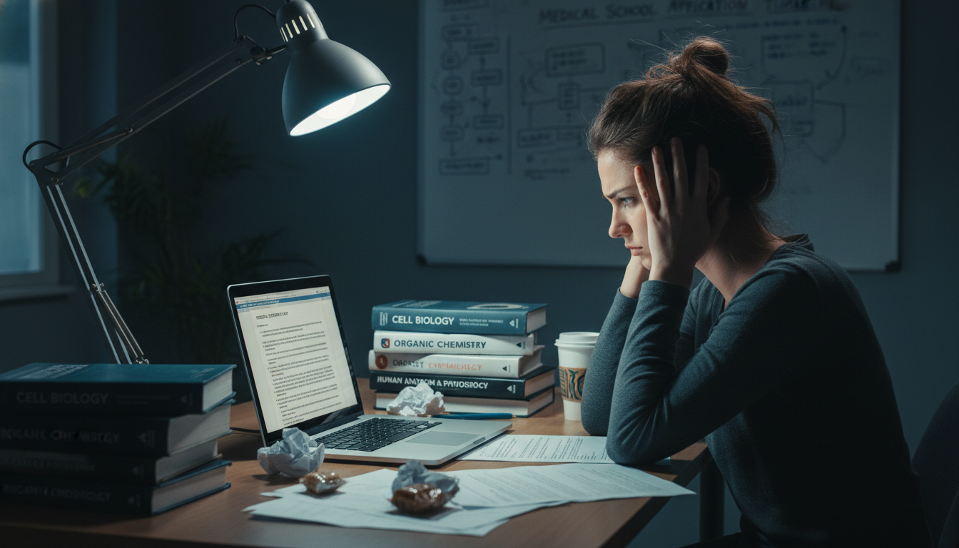 Pre-med student stressed while writing personal statement -  for Personal Statement Pitfalls Unique to Pre‑Meds (Not Med Stud