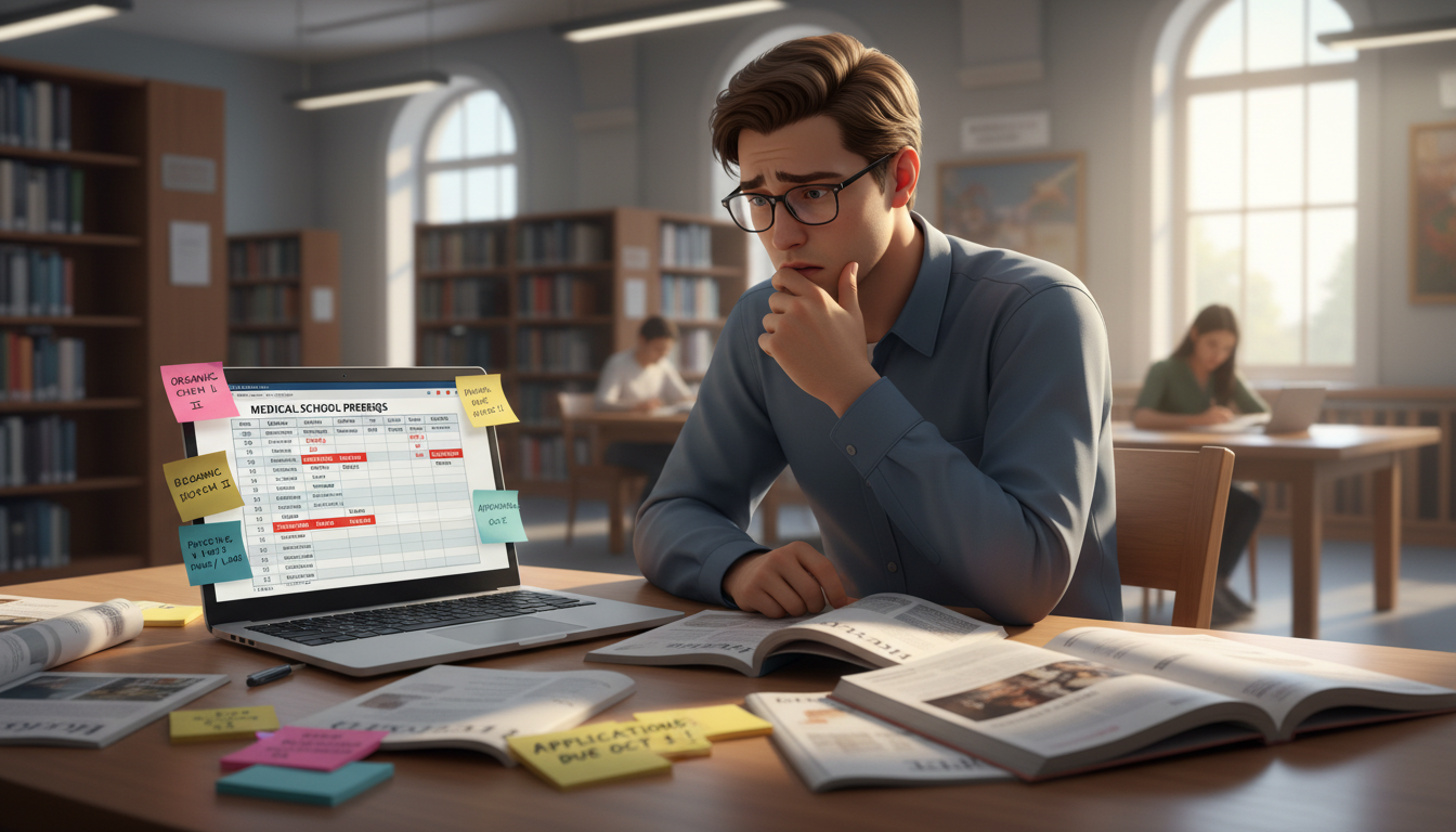 Premed student anxiously reviewing prerequisite coursework against medical school requirements -  for Prerequisite Planning E