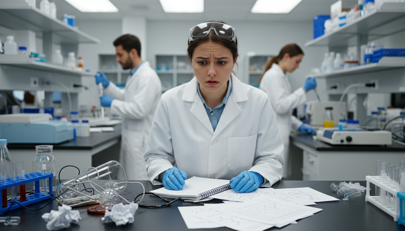 Pre-med student in research lab looking uncertain at cluttered notebook -  for Research Missteps: How Pre‑Meds Turn Strong La