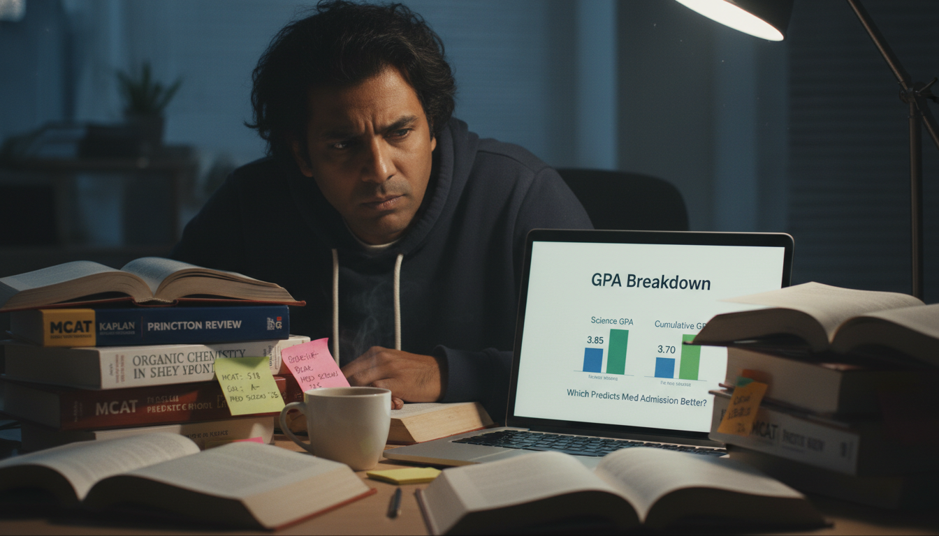 Premed student studying MCAT with science textbooks and GPA report -  for Science vs Cumulative GPA: Which Predicts Med Admis