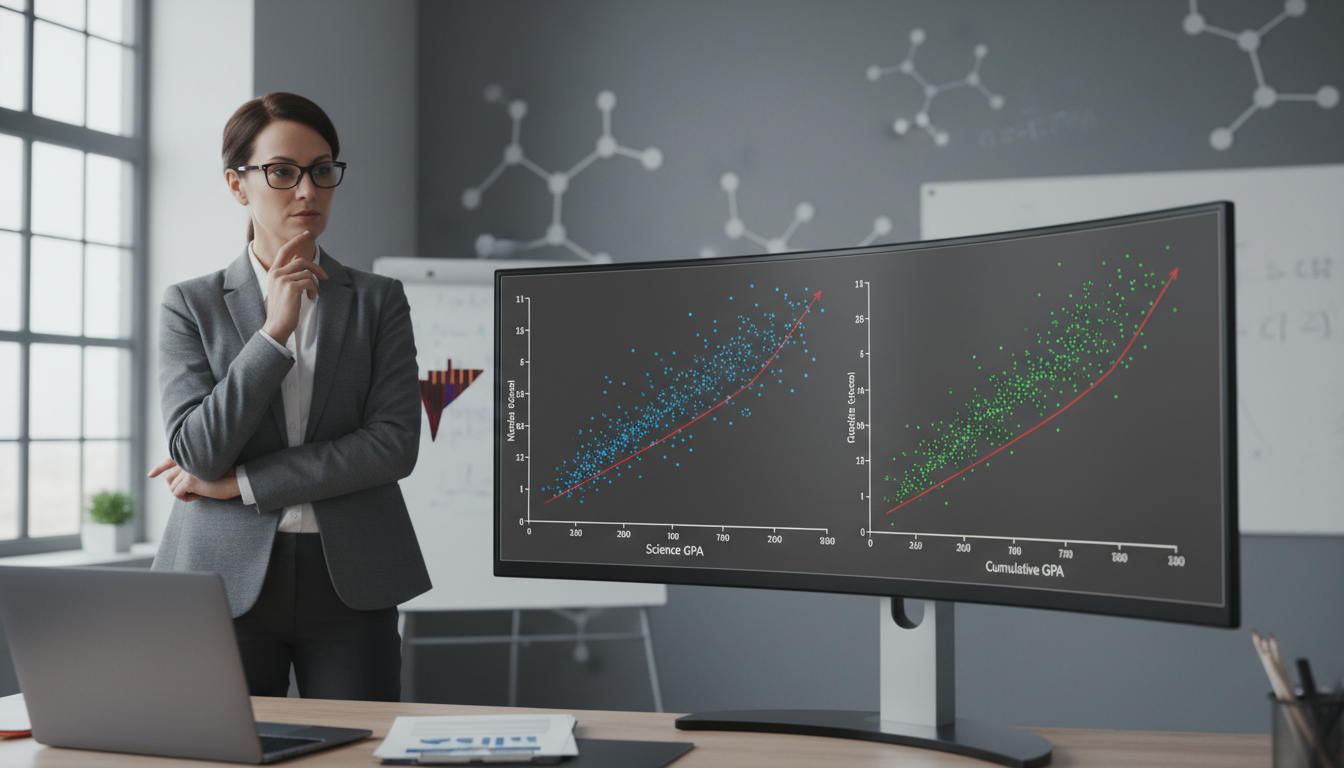 Data analyst reviewing medical school admissions GPA scatter plots -  for Science vs Cumulative GPA: Which Predicts Med Admis