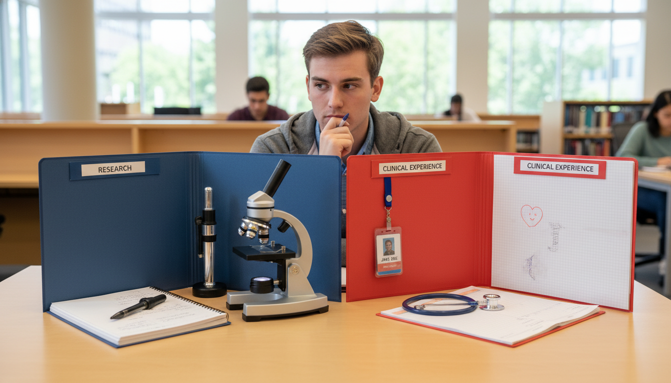 Pre-med student deciding between research and [clinical experience](https://residencyadvisor.com/resources/premed-guidance/ho
