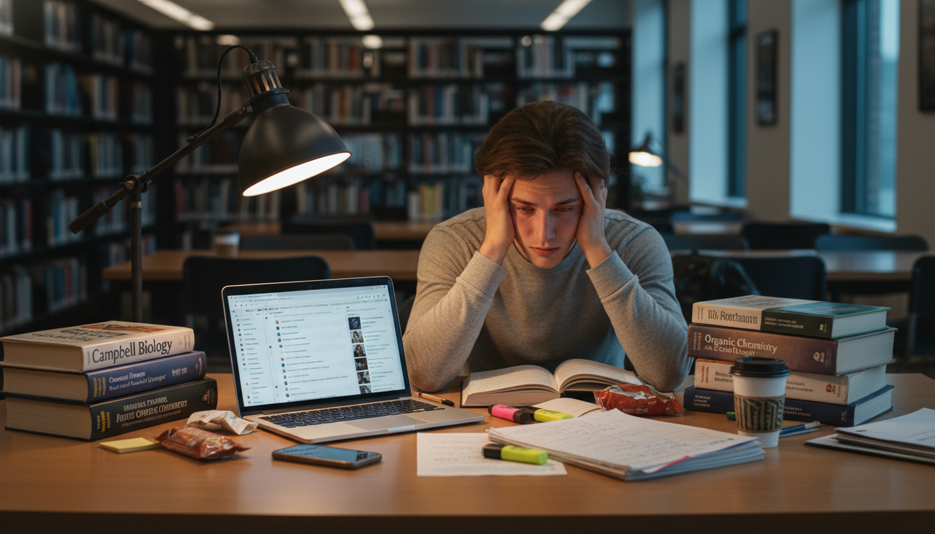 Stressed premed student surrounded by textbooks and digital devices -  for Study Strategy Traps Pre‑Meds Fall Into Long Befor