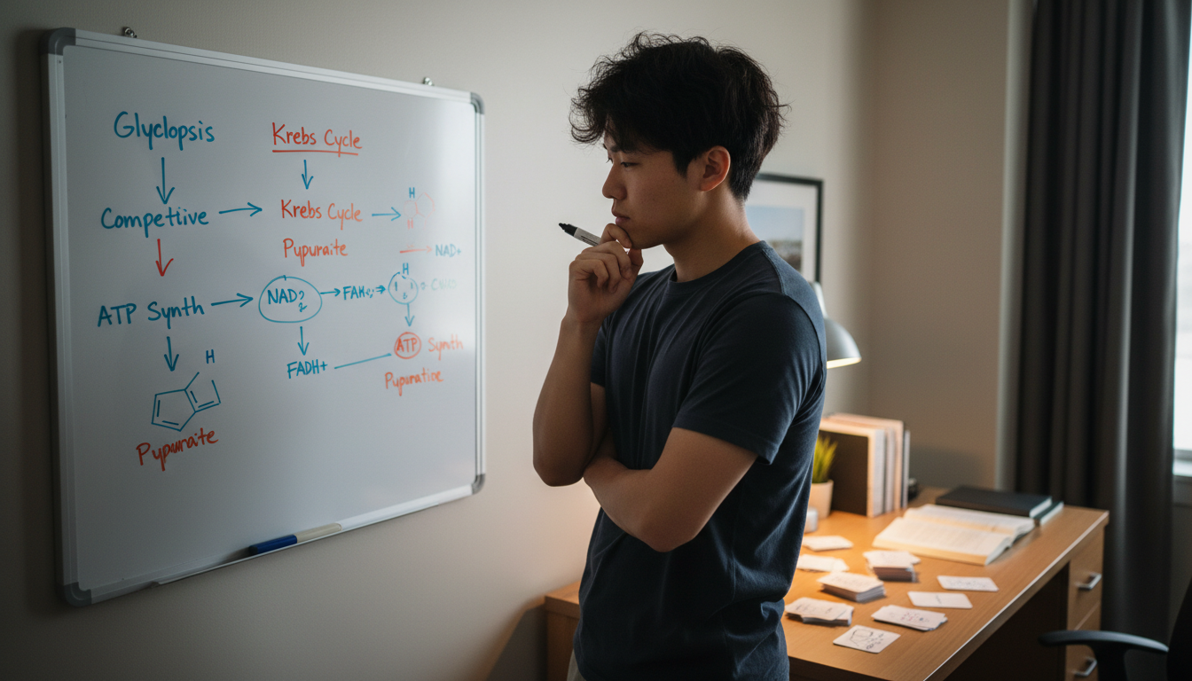 Premed student doing active recall study with notecards and whiteboard -  for Study Strategy Traps Pre‑Meds Fall Into Long Be