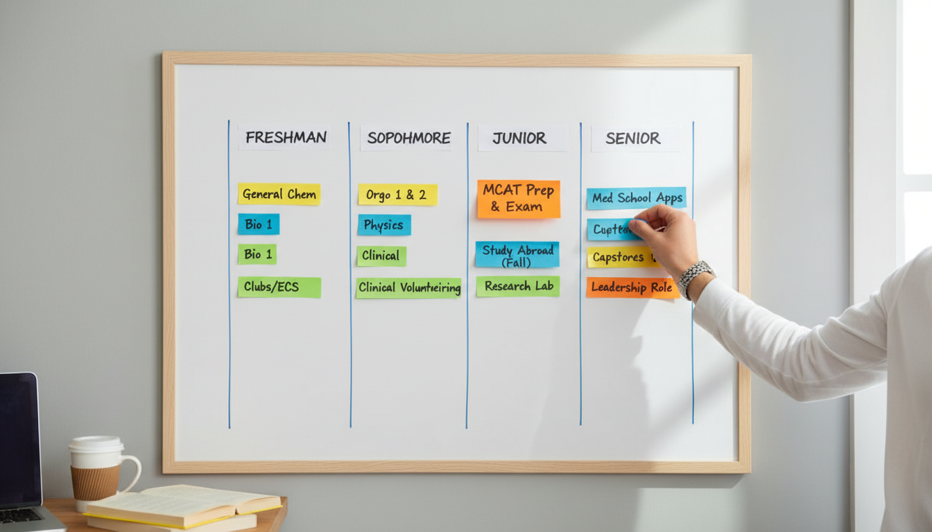 Timeline planning board for pre-med coursework, MCAT, and study abroad -  for Studying Abroad as a Pre‑Med: When It Makes Sen