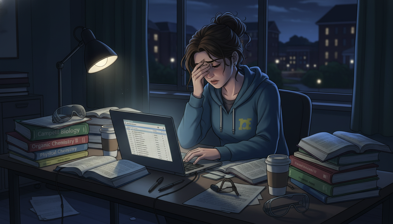 Stressed premed student buried in textbooks and laptop at night -  for Taking Too Many Credits as a Pre‑Med: When Ambition Be