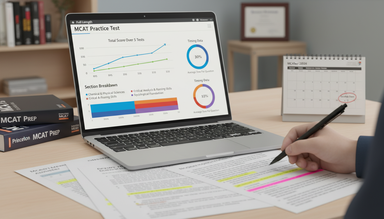 MCAT student analyzing full-length practice test results on a laptop -  for The MCAT Prep Timeline Myths Most Pre‑Meds Still