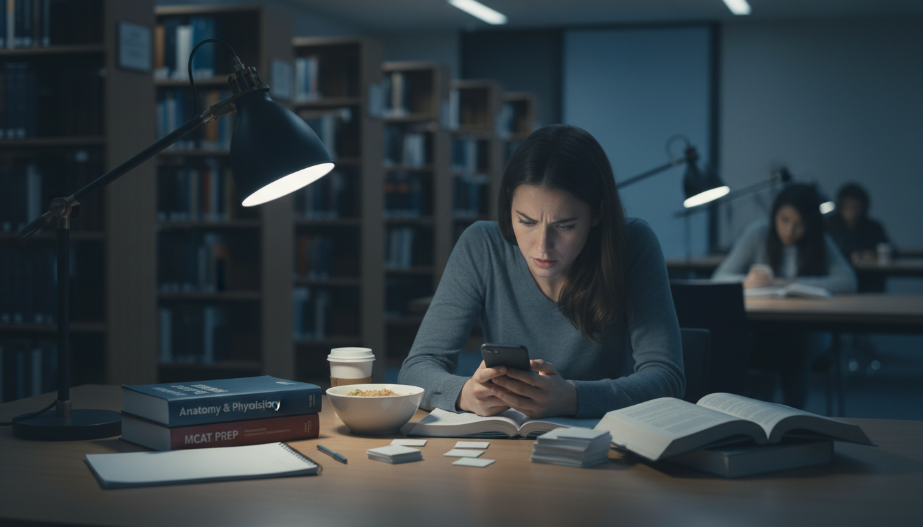 Pre-med student stressed while checking social media on phone -  for The Most Damaging Social Media Mistakes Pre‑Meds Still K