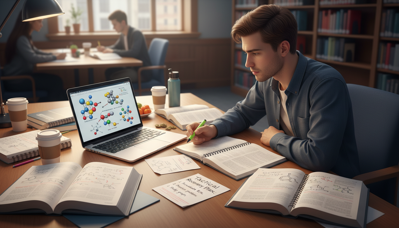 Stressed premed student reviewing organic chemistry notes in library -  for Underperforming in Organic Chemistry? Tactical Re