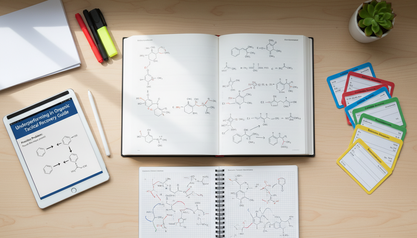 Organic chemistry study system on desk with color-coded notes -  for Underperforming in Organic Chemistry? Tactical Recovery