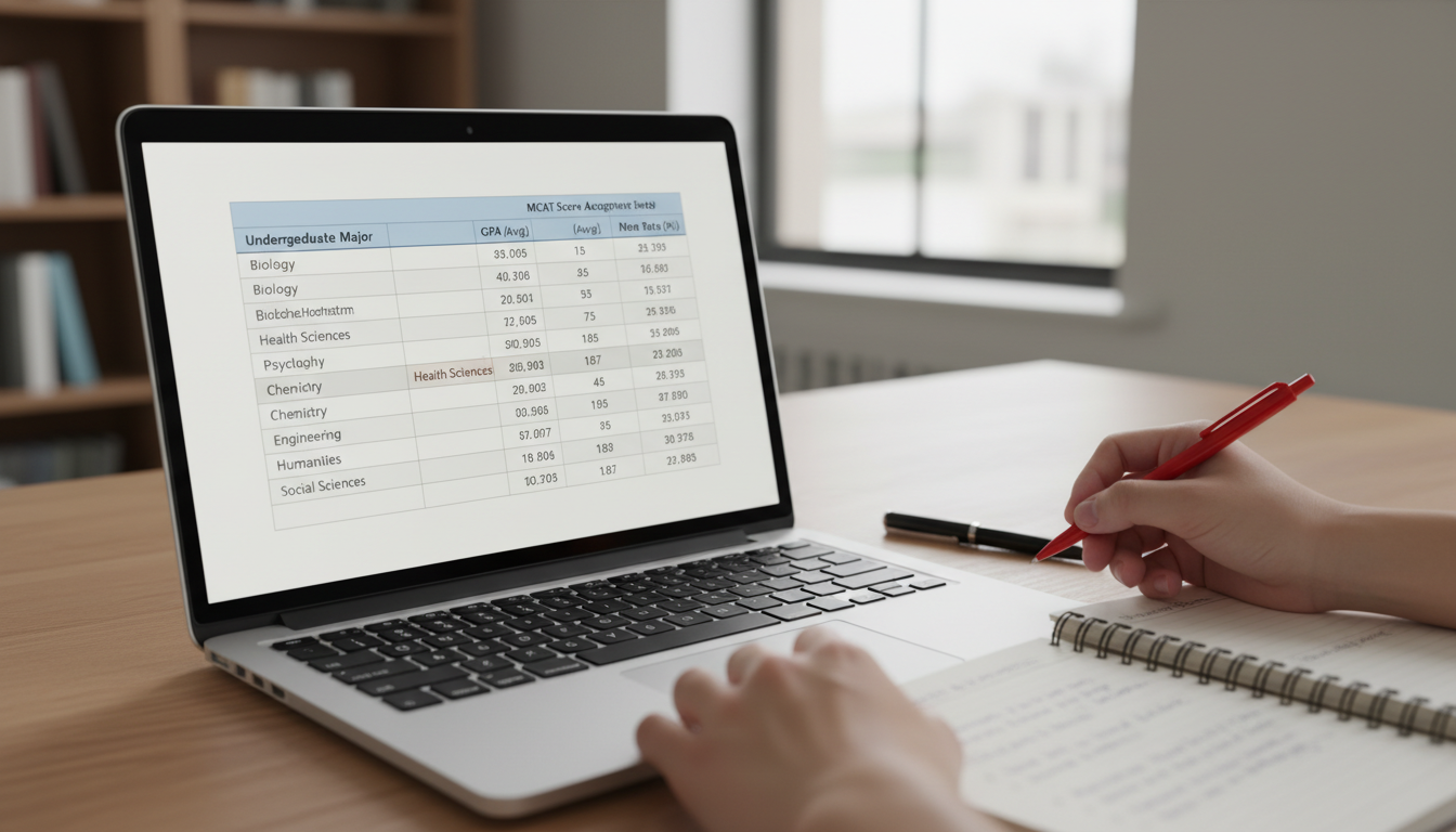 Student comparing MCAT scores and GPA data across majors -  for Which Premed Majors Have the Highest Med School Acceptance Ra