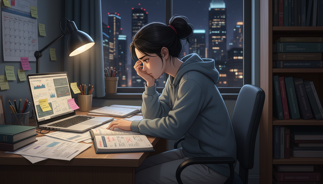 Anxious premed student looking at research papers late at night -  for Am I Too Late to Start Research as a Rising MS1 or Sen