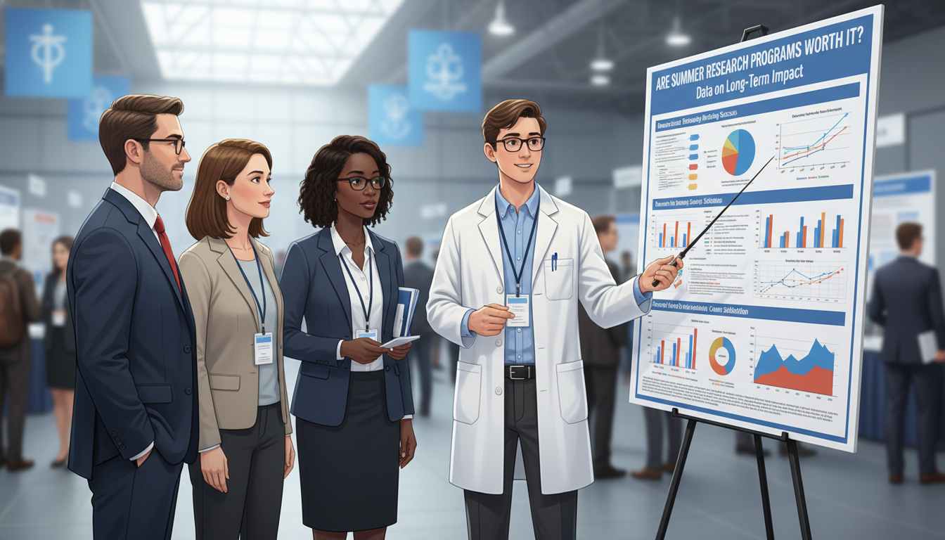 Student presenting a research poster at a medical conference -  for Are Summer Research Programs Worth It? Data on Long‑Term