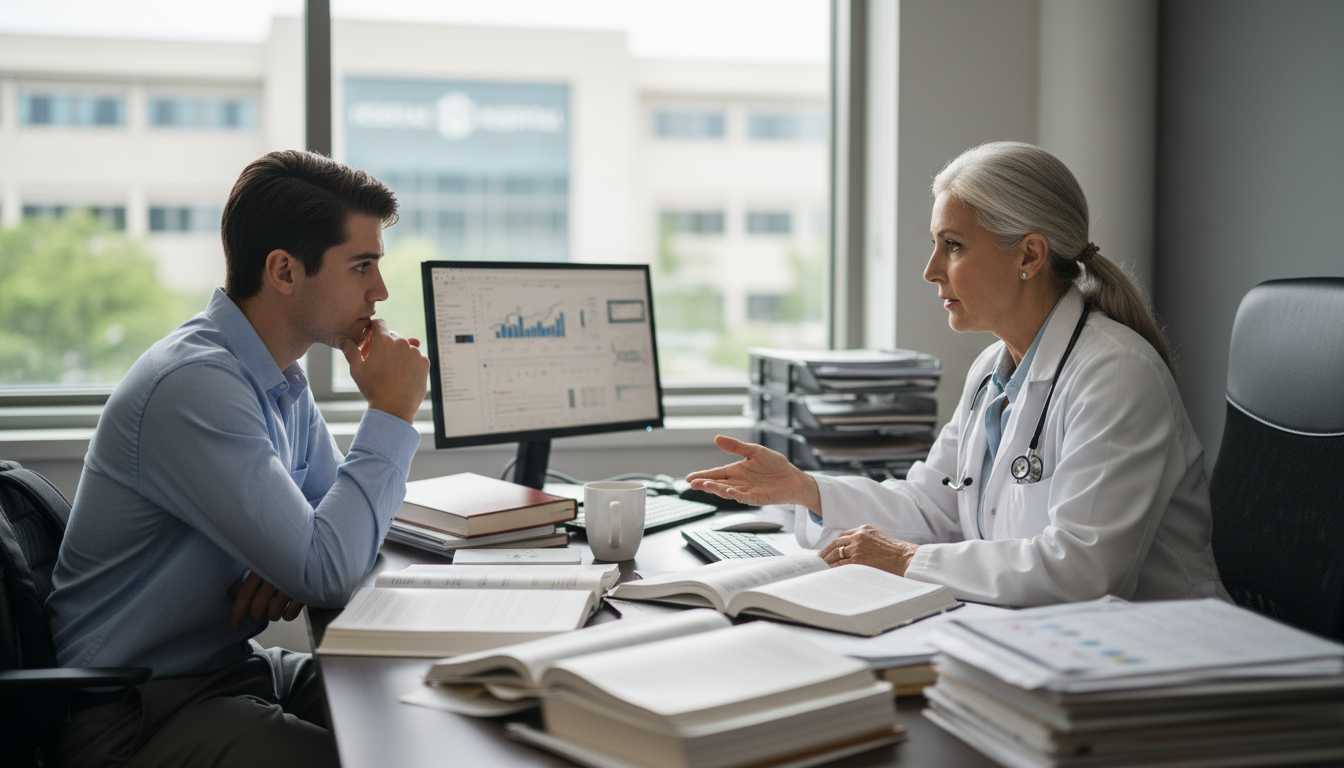 Professor and medical student discussing research letter in academic office -  for Behind the Scenes: How Research Letters Ar