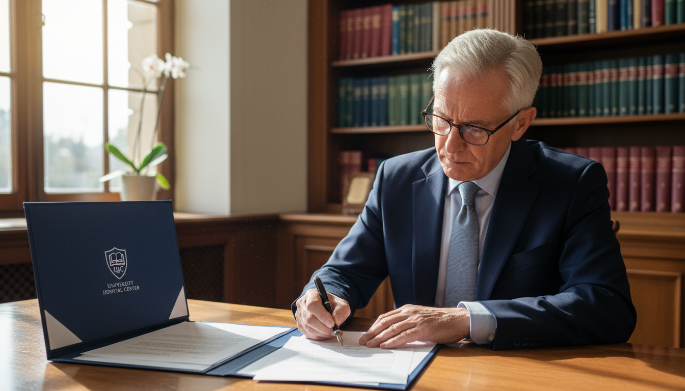 Senior physician signing a recommendation letter in an academic office -  for Behind the Scenes: How Research Letters Are Rea