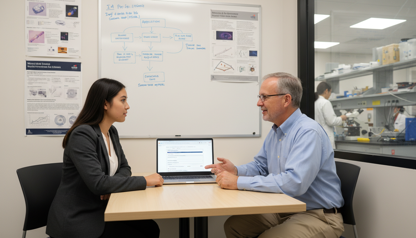 Premed student discussing research recommendation with PI in lab meeting room -  for Behind the Scenes: How Research Letters